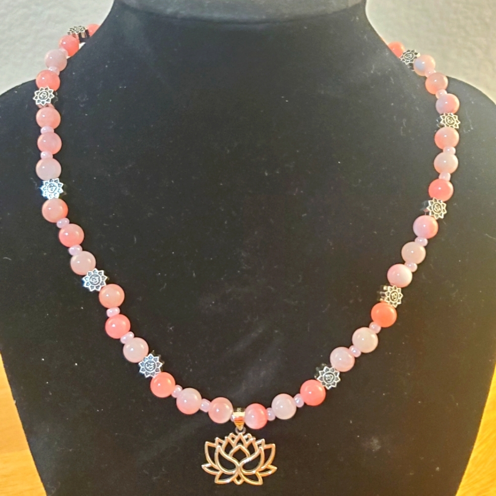 CHOKER OF WHITE & PINK JADE WITH STERLING SILVER LOTUS PENDANT CUSTOM CRAFTED